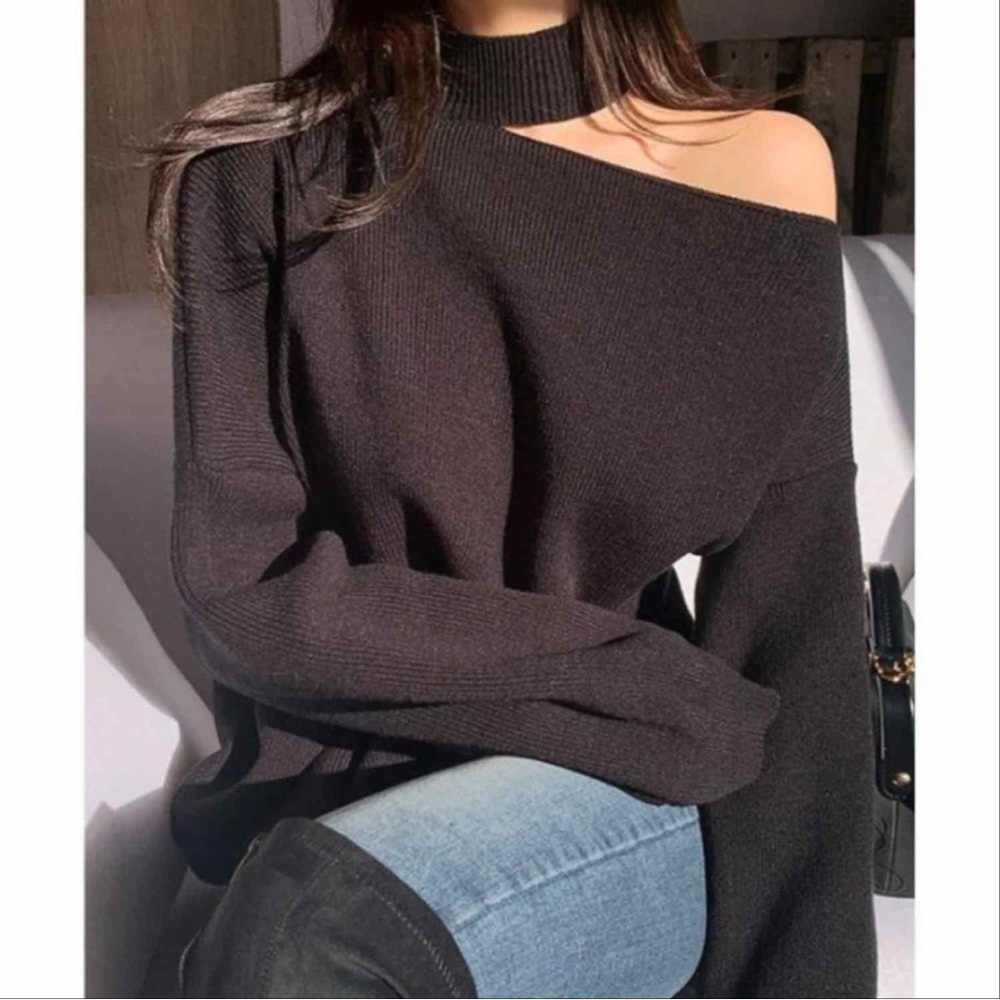T&J Designs Off-the-Shoulder Beige Knit Sweater - Picture 3 of 4